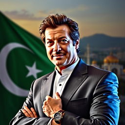 A dynamic portrait of Imran Khan, the former Prime Minister of Pakistan, showcasing his charismatic leadership qualities