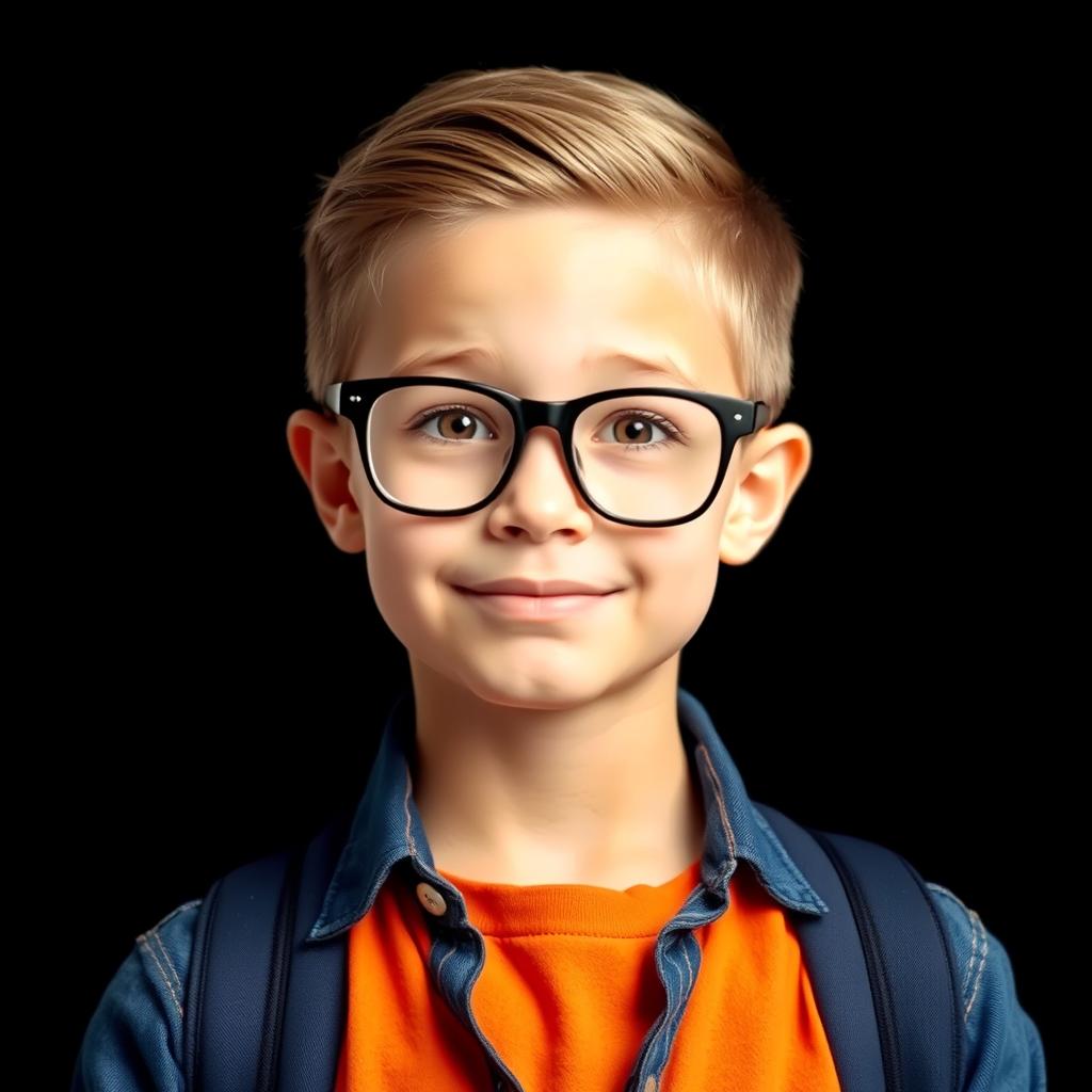 A portrait of a smart boy with a thoughtful expression, wearing glasses and a stylish outfit