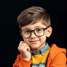 A portrait of a smart boy with a thoughtful expression, wearing glasses and a stylish outfit
