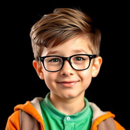A portrait of a smart boy with a thoughtful expression, wearing glasses and a stylish outfit