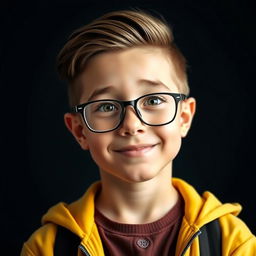 A portrait of a smart boy with a thoughtful expression, wearing glasses and a stylish outfit
