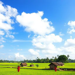 A scenic view of Bangladesh, showcasing the lush green landscapes, traditional farm fields, and vibrant rural life