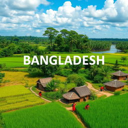 A scenic view of Bangladesh, showcasing the lush green landscapes, traditional farm fields, and vibrant rural life