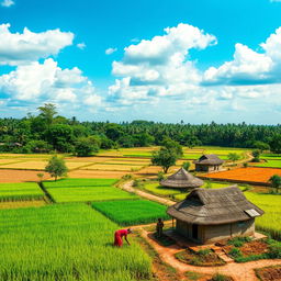 A scenic view of Bangladesh, showcasing the lush green landscapes, traditional farm fields, and vibrant rural life