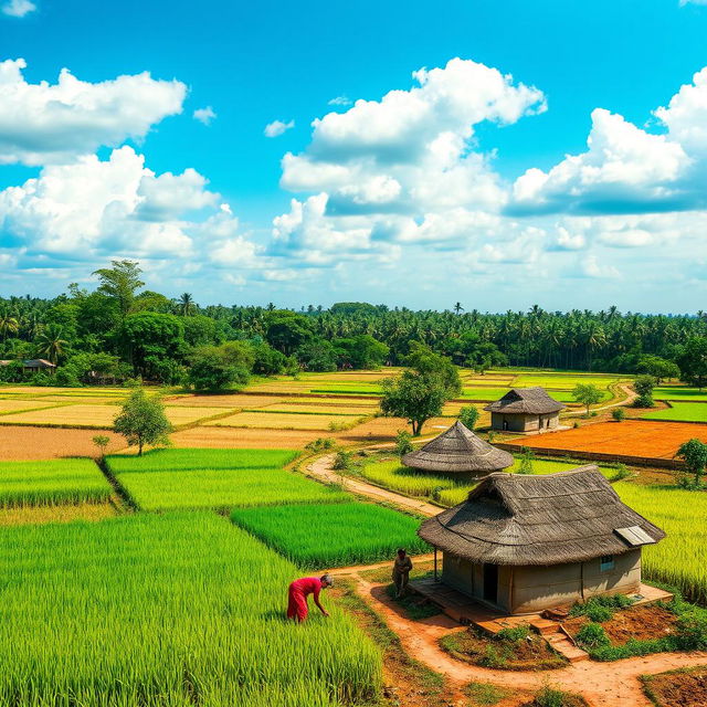 A scenic view of Bangladesh, showcasing the lush green landscapes, traditional farm fields, and vibrant rural life