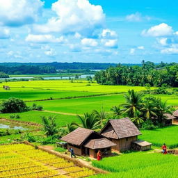 A scenic view of Bangladesh, showcasing the lush green landscapes, traditional farm fields, and vibrant rural life