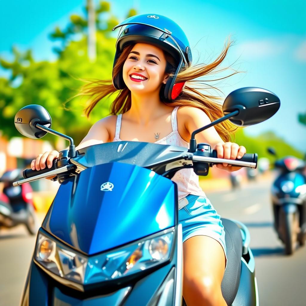 A young woman joyfully riding a sleek Yamaha scooty on a sunny day, with her hair flowing in the wind and a bright smile on her face