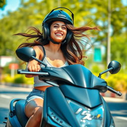 A young woman joyfully riding a sleek Yamaha scooty on a sunny day, with her hair flowing in the wind and a bright smile on her face