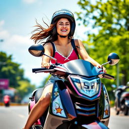 A young woman joyfully riding a sleek Yamaha scooty on a sunny day, with her hair flowing in the wind and a bright smile on her face