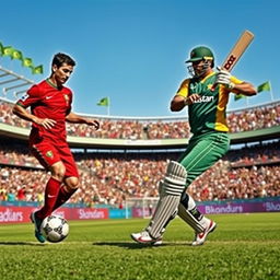 A dynamic and engaging scene featuring Cristiano Ronaldo and Shahid Afridi together on a vibrant sports field