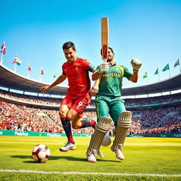 A dynamic and engaging scene featuring Cristiano Ronaldo and Shahid Afridi together on a vibrant sports field