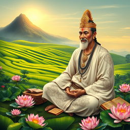 A serene depiction of Dang Hyang Dwi Jendra, a prominent figure in the spread of Shiva-Buddhist teachings, in a lush, tranquil Balinese landscape