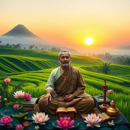A serene depiction of Dang Hyang Dwi Jendra, a prominent figure in the spread of Shiva-Buddhist teachings, in a lush, tranquil Balinese landscape