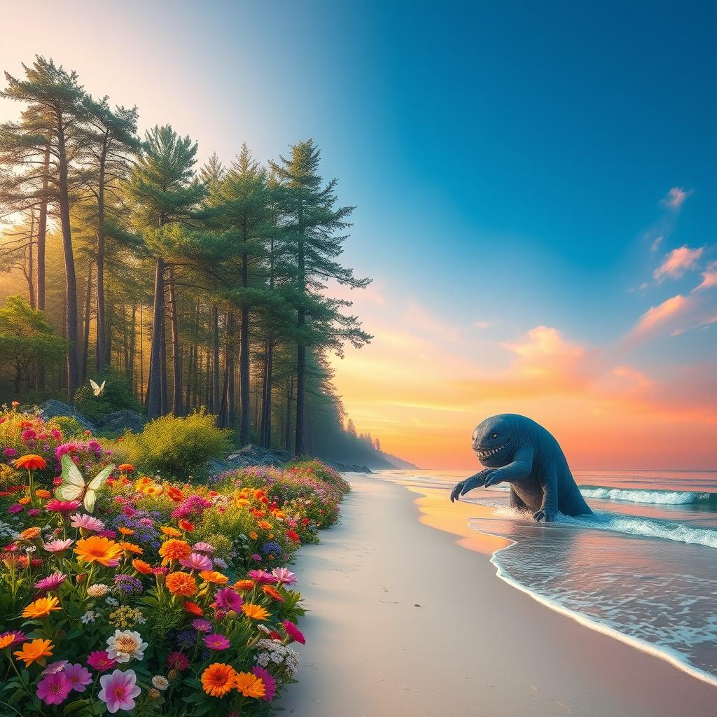 A fantastical landscape that beautifully merges the elements of two distinct images: on one side, a lush, vibrant forest filled with towering trees and colorful flowers, transitioning into a serene beach scene with soft white sand and gentle waves lapping at the shore