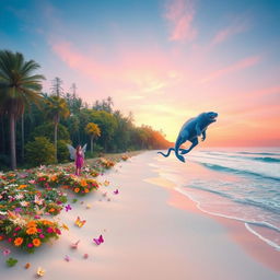 A fantastical landscape that beautifully merges the elements of two distinct images: on one side, a lush, vibrant forest filled with towering trees and colorful flowers, transitioning into a serene beach scene with soft white sand and gentle waves lapping at the shore