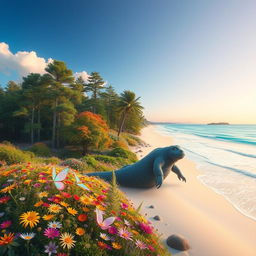 A fantastical landscape that beautifully merges the elements of two distinct images: on one side, a lush, vibrant forest filled with towering trees and colorful flowers, transitioning into a serene beach scene with soft white sand and gentle waves lapping at the shore