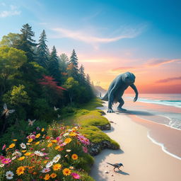 A fantastical landscape that beautifully merges the elements of two distinct images: on one side, a lush, vibrant forest filled with towering trees and colorful flowers, transitioning into a serene beach scene with soft white sand and gentle waves lapping at the shore