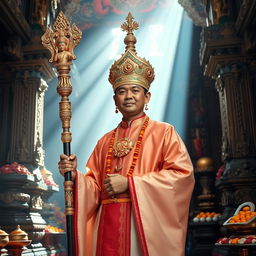 A Balinese Hindu priest, elegantly dressed in traditional ceremonial attire, holding a beautifully ornate staff