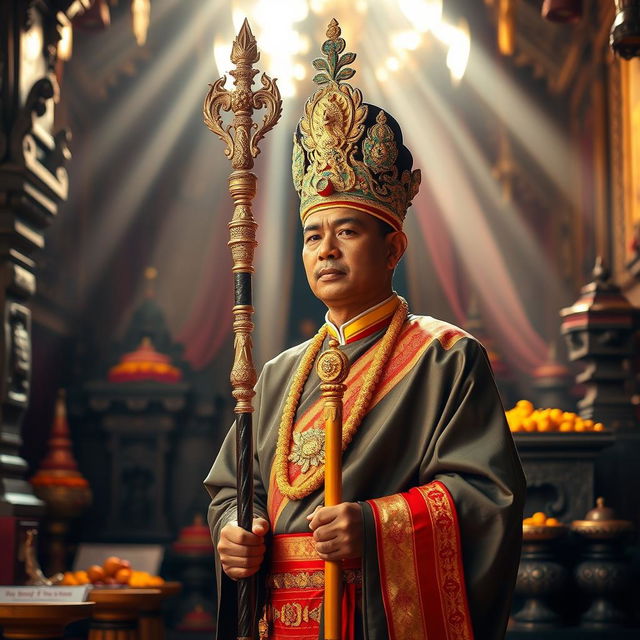 A Balinese Hindu priest, elegantly dressed in traditional ceremonial attire, holding a beautifully ornate staff