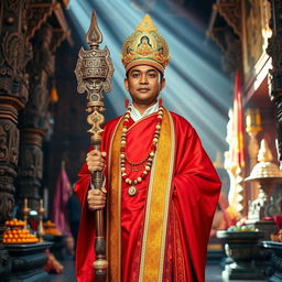 A Balinese Hindu priest, elegantly dressed in traditional ceremonial attire, holding a beautifully ornate staff