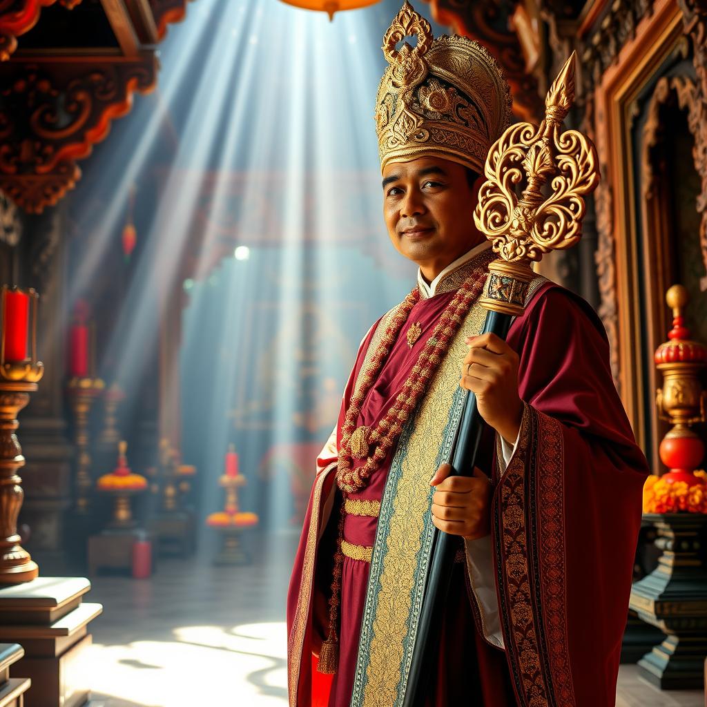 A Balinese Hindu priest, elegantly dressed in traditional ceremonial attire, holding a beautifully ornate staff