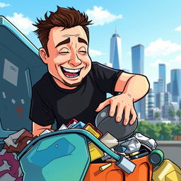 A humorous scene depicting a cartoonish version of Elon Musk, with his characteristic features like spiked hair and a casual black t-shirt, enthusiastically rummaging through a colorful garbage bin