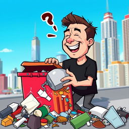 A humorous scene depicting a cartoonish version of Elon Musk, with his characteristic features like spiked hair and a casual black t-shirt, enthusiastically rummaging through a colorful garbage bin
