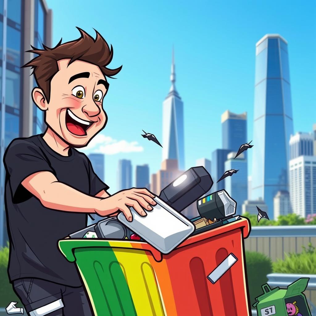 A humorous scene depicting a cartoonish version of Elon Musk, with his characteristic features like spiked hair and a casual black t-shirt, enthusiastically rummaging through a colorful garbage bin