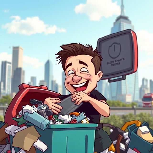 A humorous scene depicting a cartoonish version of Elon Musk, with his characteristic features like spiked hair and a casual black t-shirt, enthusiastically rummaging through a colorful garbage bin