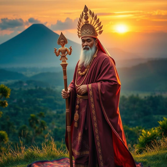 A majestic portrayal of Dang Hyang Niratha, a revered figure in Balinese spirituality, elegantly dressed in traditional priestly garments, holding a beautifully crafted staff