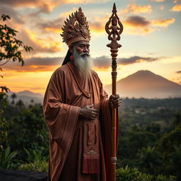 A majestic portrayal of Dang Hyang Niratha, a revered figure in Balinese spirituality, elegantly dressed in traditional priestly garments, holding a beautifully crafted staff