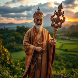 A majestic portrayal of Dang Hyang Niratha, a revered figure in Balinese spirituality, elegantly dressed in traditional priestly garments, holding a beautifully crafted staff
