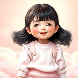 A young, cute girl styled as a baby version of Jimin from BTS, wearing a stylish outfit inspired by Jimin's iconic fashion with a soft pastel color palette