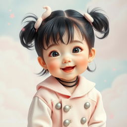 A young, cute girl styled as a baby version of Jimin from BTS, wearing a stylish outfit inspired by Jimin's iconic fashion with a soft pastel color palette