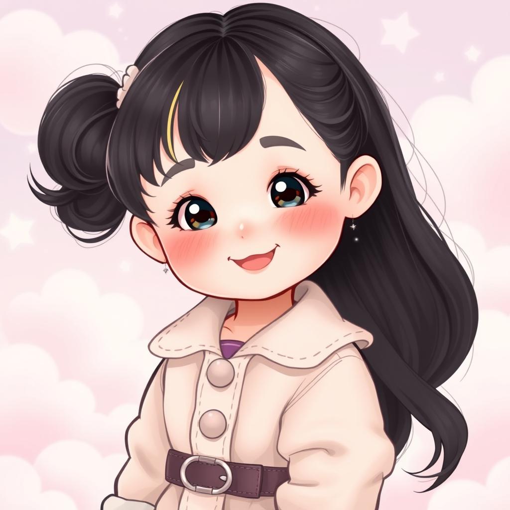 A young, cute girl styled as a baby version of Jimin from BTS, wearing a stylish outfit inspired by Jimin's iconic fashion with a soft pastel color palette