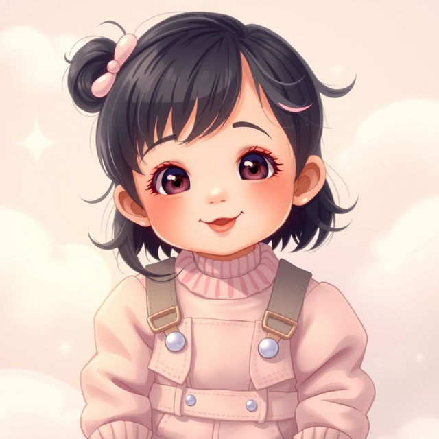 A young, cute girl styled as a baby version of Jimin from BTS, wearing a stylish outfit inspired by Jimin's iconic fashion with a soft pastel color palette