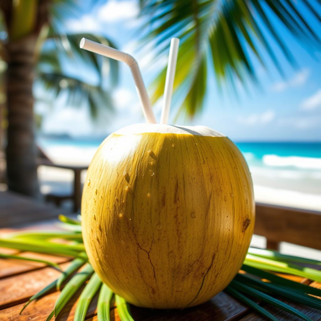 A refreshing scene featuring a whole fresh coconut filled with coconut water, placed on a wooden table outdoors with green palm leaves in the background