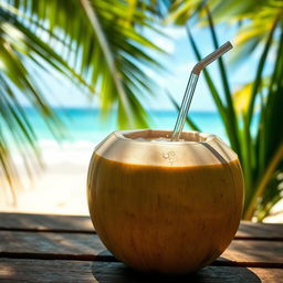 A refreshing scene featuring a whole fresh coconut filled with coconut water, placed on a wooden table outdoors with green palm leaves in the background