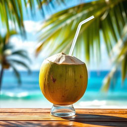 A refreshing scene featuring a whole fresh coconut filled with coconut water, placed on a wooden table outdoors with green palm leaves in the background