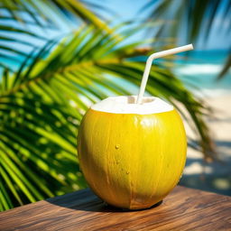 A refreshing scene featuring a whole fresh coconut filled with coconut water, placed on a wooden table outdoors with green palm leaves in the background