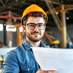 A skilled engineer with a confident expression, wearing a hard hat and safety glasses