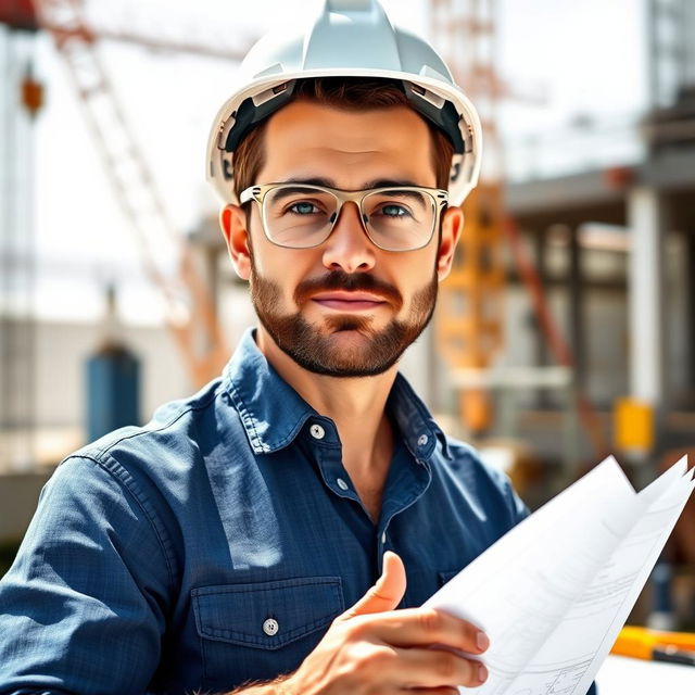 A skilled engineer with a confident expression, wearing a hard hat and safety glasses