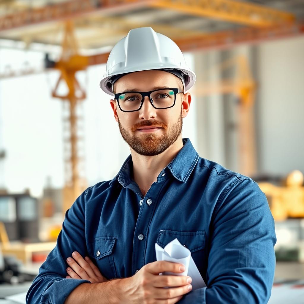 A skilled engineer with a confident expression, wearing a hard hat and safety glasses