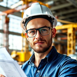 A skilled engineer with a confident expression, wearing a hard hat and safety glasses