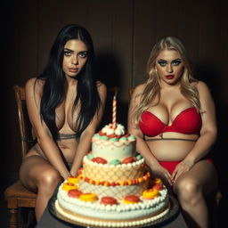 Inside a dimly lit room, two stunning women are tied to separate chairs against the back wall