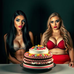 Inside a dimly lit room, two stunning women are tied to separate chairs against the back wall