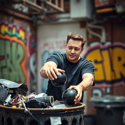 A surreal scene depicting Elon Musk, dressed in a casual black t-shirt and jeans, reaching into a cluttered garbage bin to grab a shiny black ball