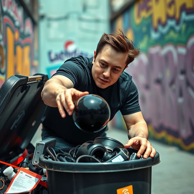 A surreal scene depicting Elon Musk, dressed in a casual black t-shirt and jeans, reaching into a cluttered garbage bin to grab a shiny black ball