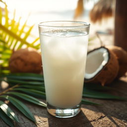 A close-up of a clear glass filled with refreshing coconut water, placed on a rustic wooden table