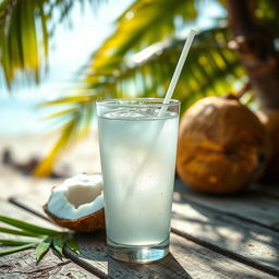 A close-up of a clear glass filled with refreshing coconut water, placed on a rustic wooden table